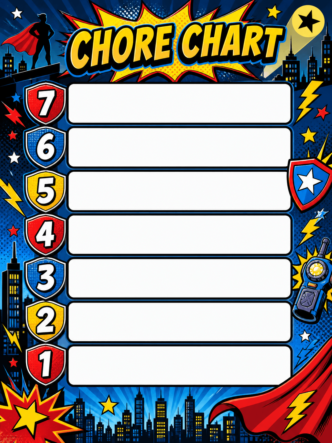 Comic Heroes color chore chart template preview
