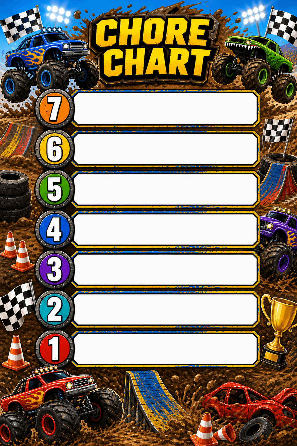 Monster Truck Rally color chore chart template preview
