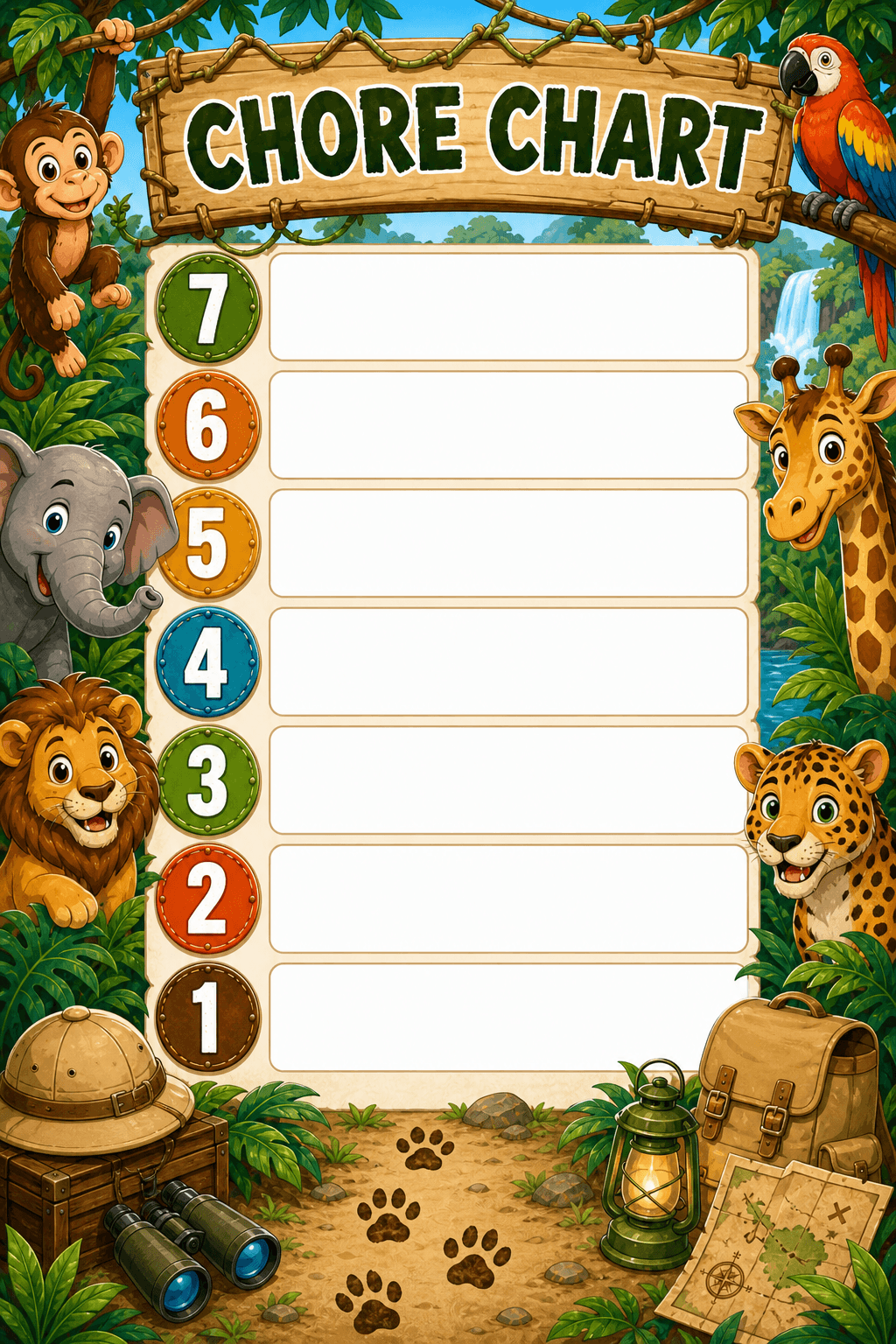 Safari Friends color chore chart template preview