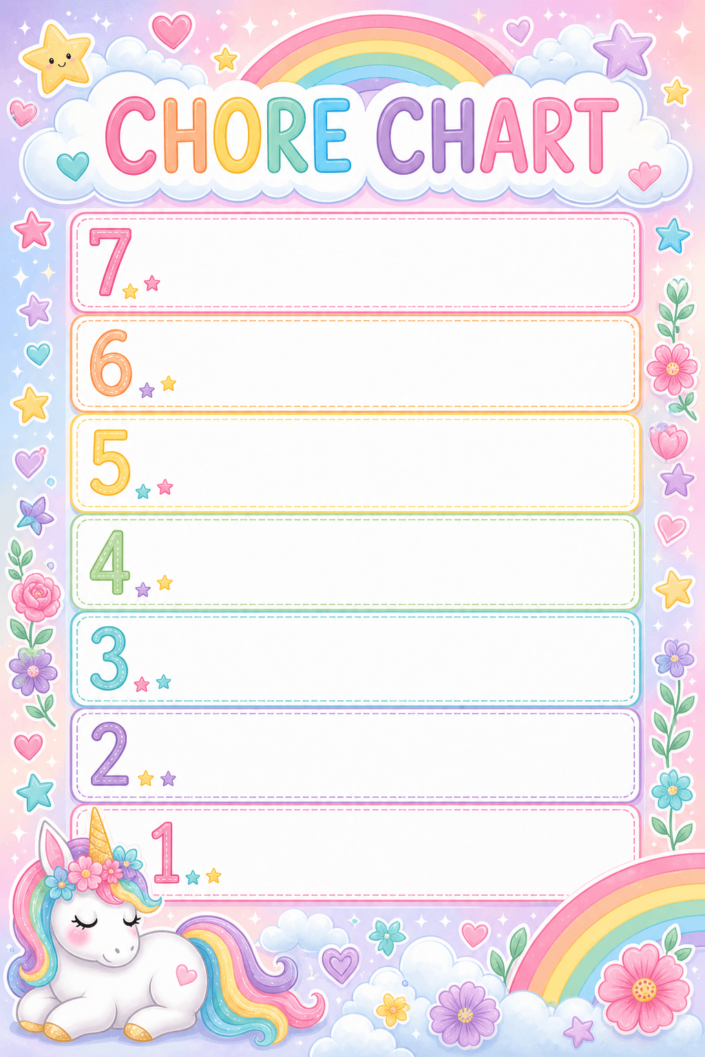 7-10 Girl printable chore chart template preview